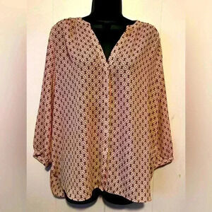NYDJ Pintuck Blouse Womens Sz L 3/4 Sleeve Pink & Tan